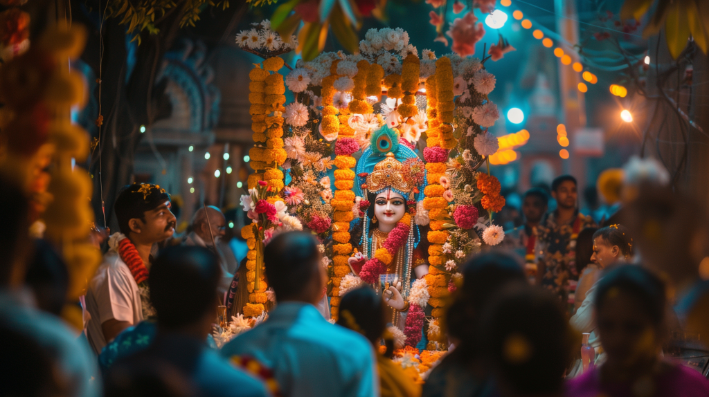 Beautifully lit Krishna temple during Janmashtami celebrations