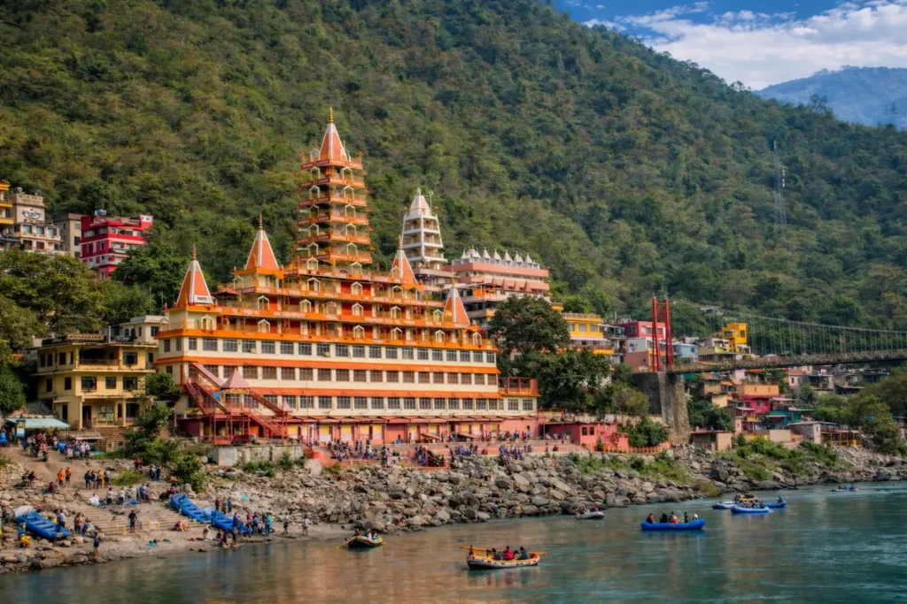 Trayambakeshwar Temple near Laxman Jhula in Rishikesh with boats on the Ganga River and green Himalayan hills in the background.