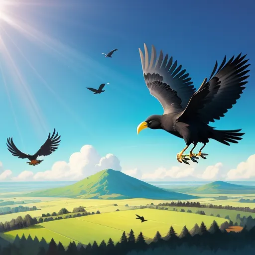 Colorful crow transforming into black crow in an Indian village folklore scene